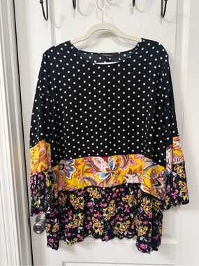 CALE Black White Polka Dot Mixed-Print Blouse with Yellow Paisley Panel
